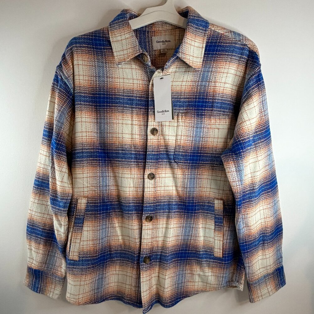 NWT Mens Size Medium Heavy Long Sleeved Flannel Cobalt Blue, Light Orange Plaid